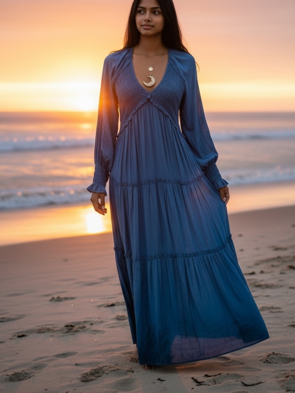 R. Vivimos Blue Long Sleeve Maxi Dress Boho Flowy Layered Ruffle Sz S NWT - Picture 2 of 9